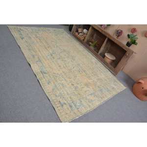 Alfombra turca Vintage Beige Azul 5x8ft Felpa hecha a mano Estilo Tabriz Lana Poliéster Patchwork Rectángulo Diseño con respaldo de látex - Product Image 4