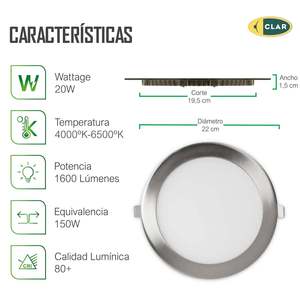 Luminaria LED Empotrable Redonda Plateada de 20W, Grado Comercial, 1600lm - Product Image 3