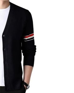 Men <b>Navy</b> Knitted <b>Cardigan</b> V Neck Button Down Sweater With Red White Stripe Design Casual Winter Fashion Wear - Product Image 3