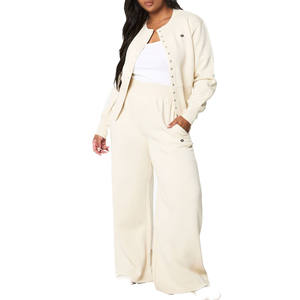 Ensemble de survêtement en molleton uni pour femmes, veste à boutons, pantalon de survêtement à jambes larges, ensemble de vêtements de sport, vente en gros, approvisionnement en usine - Product Image 1