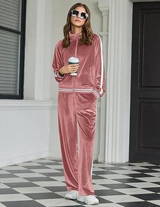 Survêtement en velours pour femme-Ensemble de salon 2 pièces avec sweat-shirt et pantalon de survêtement, tenue en velours zippée avec poches pour tenue décontractée - Product Image 4