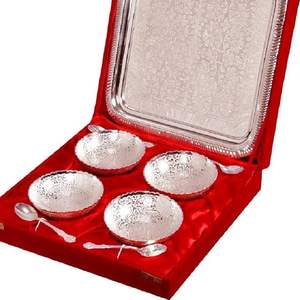 Ensemble de plateaux à double compartiment en argent allemand de luxe avec cuillères, boîte en velours noir, cadeaux d'entreprise ethniques Diwali, vaisselle à finition antique - Product Image 3