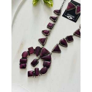 Navajo Handmade Fashion Jewelry <b>Set</b> Purple Spiny Oyster & Sterling Silver Cluster Necklace - Product Image 3