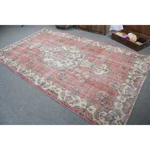 Vintage Eco-Friendly Latex Backing Traditional Turkish <b>Wool</b> Rug 5.7x9.7 ft <b>Red</b> Blue Patchwork - Product Image 4
