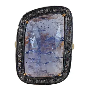 Blue Sapphire & Diamond <b>Statement</b> <b>Ring</b> Oval Cut Topaz Gemstone with Rhodium Plating Rhodium Set <b>Ring</b> - Product Image 2