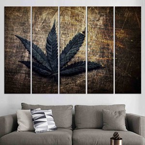 Lienzo estampado con hojas de cannabis estilo grunge vintage, decoración artística para pared, JUEGO DE 5 LIENZOS - Product Image 1