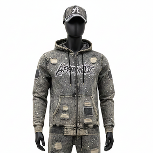 Conjunto Deportivo de Dos Piezas para Hombre, Algodón Grueso, Estilo Desteñido, con Logotipo Personalizado, Sudadera con Capucha y Pantalones Deportivos con Pedrería - Product Image 3