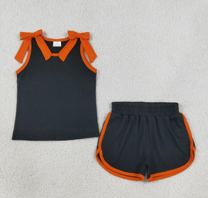 Ensemble de vêtements courts sans manches avec nœuds noirs et oranges pour bébés filles - Product Image 2