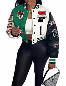 แจ็คเก็ตเบสบอลทรงบอมเบอร์ครอปสำหรับผู้หญิง สไตล์สตรีทแวร์ ดีไซน์หรูหรา แจ็คเก็ตวาร์ซิตี้ทรงครอปสำหรับผู้หญิง ตัวเสื้อทำจากผ้าขนสัตว์ แขนเสื้อทำจากหนัง - Product Image 6