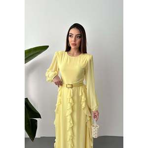 Vestido Midi Amarillo Sólido de Gasa Tejida con Cinturón y Lazos en la Cintura Natural - Product Image 2