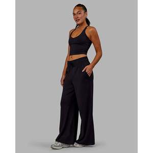 Pantalon large taille haute - Pantalon droit respirant et léger style Hip Hop avec taille élastique noir froissé - Product Image 1
