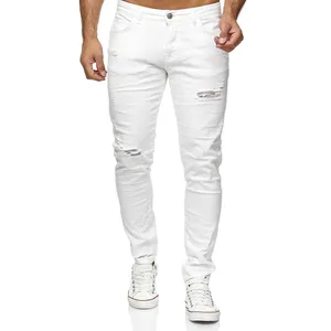 Casual Wear Men's white distressed High Quality Denim Pants With Custom Logo Print On It At Whole Sale Rate High Quality Denim