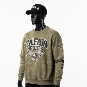 Sweat-shirt pour homme en coton lourd, molletonné, délavé à l'acide, vert olive, imprimé en relief, logo personnalisé, sweat-shirt basique pour homme - Product Image 4