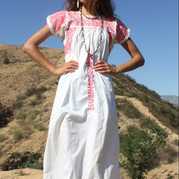 Classic and Beautiful coral hand embroidered oaxacan maxi dress 100% Cotton Longer Maxi Length