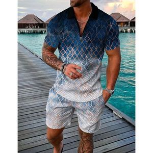 Conjunto de ropa de verano para hombre, transpirable, de talla grande, informal, con cremallera, cuello, Polo, pantalones cortos, estampado colorido, 2 uds. - Product Image 6