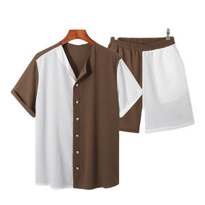 Conjuntos de Ropa Urbana para Hombre, Camiseta Holgada de Manga Corta con Cierre de Cordón, Pantalones Cortos Casuales 100% Algodón, Trajes de Color en Contraste - Product Image 5