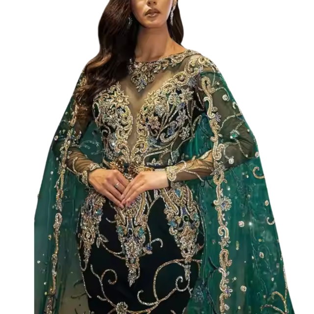 sachin and babi light blue dress Batwing Sleeve Maxi Embroidered Chiffon Arabic Dress In YELLOW