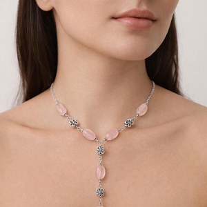 Collar de Cuarzo Rosa, Plata de Ley, Cuentas Ovaladas Rosadas Naturales, Joyería Hecha a Mano, Regalo - Product Image 1