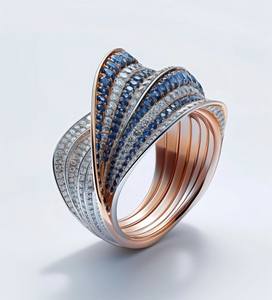 Anillo de Lujo Unisex de Moda con Diamantes Azules y Blancos Trenzados, Plata y Oro Rosa, Certificado IGI, Corte Brillante - Product Image 1