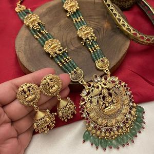 Long collier de bijoux de temple de ton or traditionnel ensemble de boucles d'oreilles avec perle pour les femmes pour les fêtes de mariage porter - Product Image 1