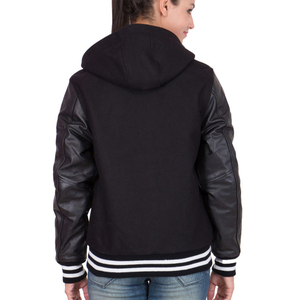 Chaqueta Urbana de Moda para Mujer, Estilo Universitario con Capucha Negra, Mangas Estilo Cuero, Forro Acolchado, Ribete a Rayas - Product Image 6