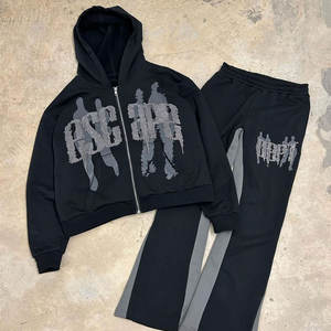 Survêtement en molleton 100% coton personnalisé avec impression graphique en strass, 2 pièces, survêtement, contraste de couleur, pantalon de survêtement évasé, fermeture éclair - Product Image 1