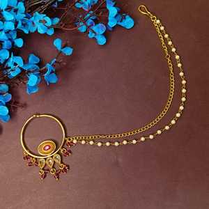 Joyería Antigua India, anillo de nariz tradicional de perla de imitación de cristal rosa con cadena, joyería sin perforación para mujer - Product Image 2