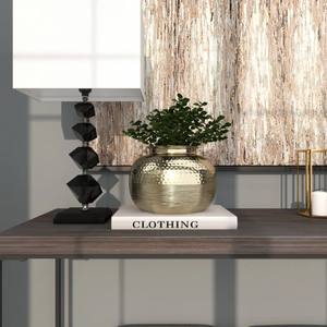 Vase décoratif déco en aluminium et métal, pièce maîtresse brossée, avec dessus martelé, forme ronde dorée, décoration de salon de style moderne - Product Image 4