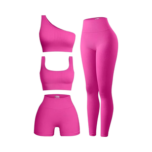 Conjunto OEM de 4 piezas de ropa deportiva para gimnasio de mujer, conjunto de Sujetador deportivo y mallas, conjuntos de Yoga acanalados sin costuras para mujer, conjuntos de 4 piezas para gimnasio y Fitness - Product Image 1