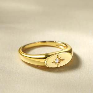 Jeulia 18K Gold Plated Sterling <b>Silver</b> Oval Star Signet <b>Ring</b> with Bezel <b>Set</b> Zircon - Product Image 5