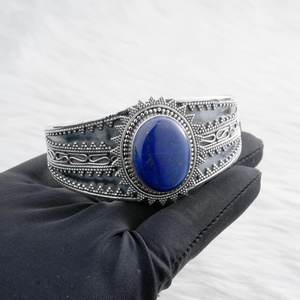 กำไลแต่งงานสีเงิน925สเตอร์ลิงพร้อม Lapis Lazuli อัญมณีสไตล์ Boho สำหรับเธอ-แฟชั่น Kada Kada - Product Image 2