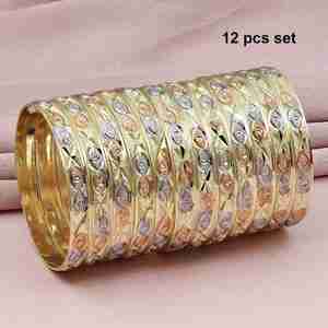 Wholesale Brass 3 Tone <b>Gold</b> Plated Women's Party <b>Bangles</b> 12 Piece <b>Set</b> Jewelry - Product Image 1