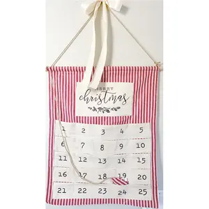 Customized Countdown Red Striped Wall Hanging Handmade Reusable Canvas Merry Christmas Advent Calendar