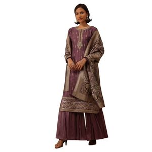 Kurti Sharara en soie violet bordeaux avec brocart en mousseline de soie Dupatta pour tenue de réception de mariage traditionnelle - Product Image 1