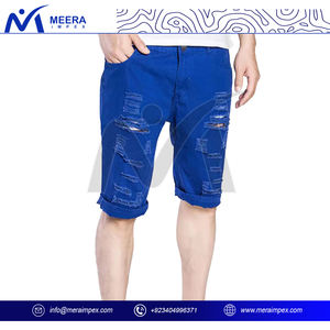 Pantalones cortos de mezclilla cómodos para todo el día para hombre, ajustados elásticos con dobladillo deshilachado vintage de estilo desgastado y lavado azul oscuro - Product Image 3