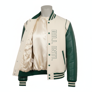 Chaqueta Varsity para Hombre Rill Intl, Color Crema y Verde, Cuero PU, Parche Bordado con Letras PB, Estilo Preppy, Ropa de Otoño - Product Image 3