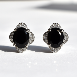Black Onyx Floral <b>Silver</b> <b>Stud</b> <b>Earrings</b> CZ Halo Rhodium Plated Oval Prong Set Romantic Style Engagement Wedding Anniversary Party - Product Image 1
