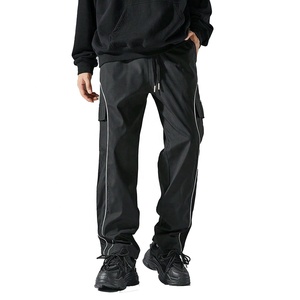 Pantalon cargo noir de qualité supérieure, cordon de serrage, pantalon décontracté, coupe ample, multi-poches, toile tissée, imperméable - Product Image 1