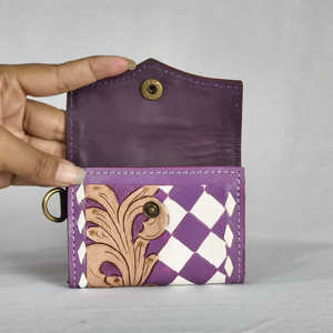 Purple Geometric Pattern Foldable Anti-Theft Card <b>Holder</b> Button Closure Unisex Fashion Short <b>Wallet</b> Genuine Leather Material - Product Image 5
