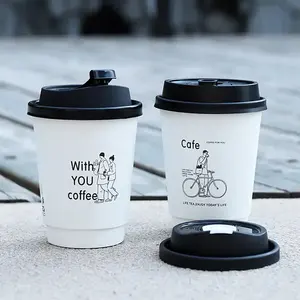 REI JARDIM Impressão Personalizada Logo Cup Biodegradável Descartável Preto Duplo Copo De Café De Papel Revestido Com Tampas De Plástico