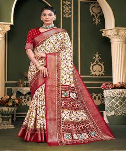 SAREE DE SEDA CON ESTAMPADO DE PASHMINA PURO MODERNO CON BLUSA SIN TITCH ROPA DE BODA PRECIO AL POR MAYOR ETHNICGARMENT ROJO - Product Image 1