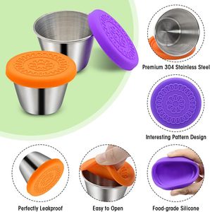 Paquete de 6 tapas a prueba de fugas de silicona de acero inoxidable de 2,4 oz, contenedores de condimentos de Metal pequeños reutilizables clásicos para aderezo de ensalada, sopa - Product Image 3