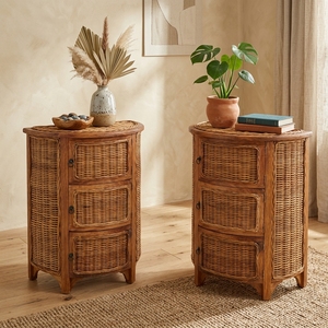 New Modern Minimalist Sumba Wooden Storage Cabinet Natural Rattan Wicker 3 Drawers Chest <b>Side</b> <b>Table</b> Storage Unit Nightstand - Product Image 3