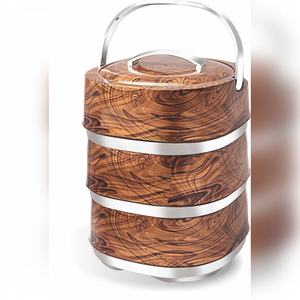 Boîte à lunch en aluminium Cello, finition bois, 750 ml, ronde, compatible congélateur, 3 compartiments, sans micro-ondes, pour le bureau, la maison, l'hôtel, fabriqué en Inde - Product Image 1