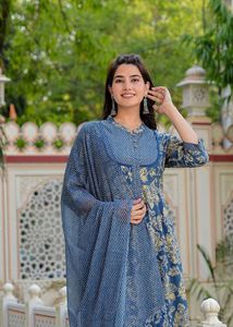 In hoa anarkali kurta với <span class=keywords><strong>Zig</strong></span> <span class=keywords><strong>Zag</strong></span> in quần và dupatta màu xanh thanh lịch phong cách Lễ Hội Dân tộc truyền thống mặc - Product Image 4