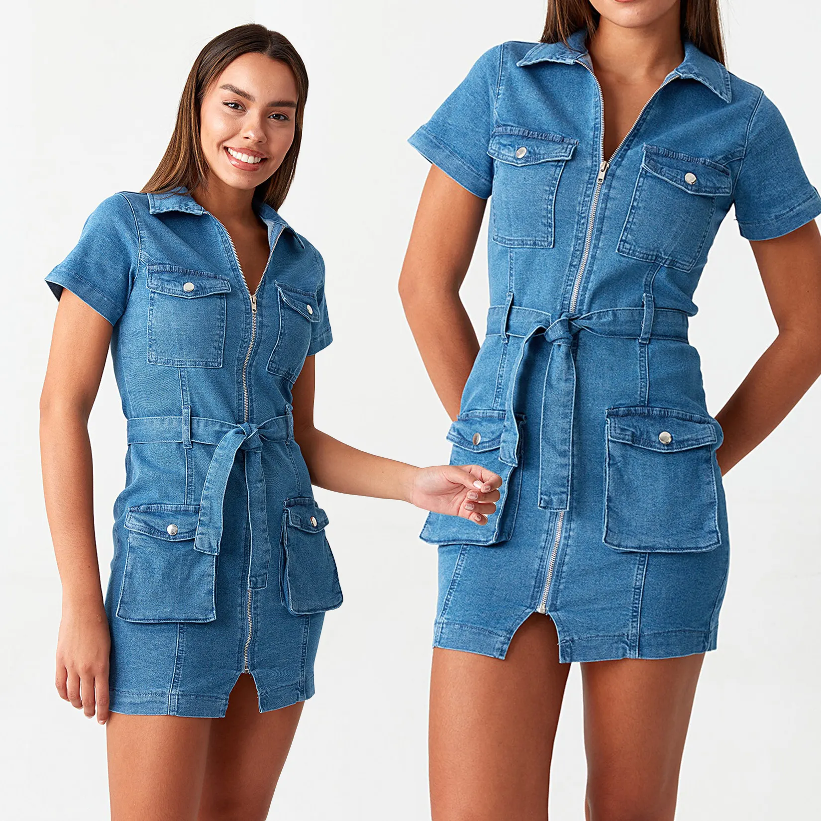 Vente en gros Tendance Denim Ceinturé Midi Robe Moulante Pour Les Femmes Fermeture Éclair Avant Poches Cargo Décontracté D'été Élégant Femmes Robes