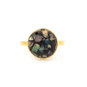 Hot Selling 12mm Round Natural Black Ethiopian Opal Copper Gemstone Gold Plated Sterling Silver Dainty Simple Ring For Women