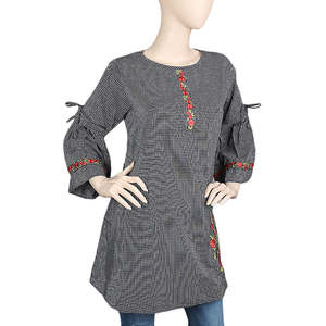 Women's Strip Cotton <b>Kurti</b> - Black - Product Image 1