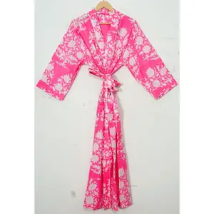 Hand Block Print Kimono Gown Japanese Women Style Kimono Bathing Gown For Women Pint Floral Cotton Kimono
