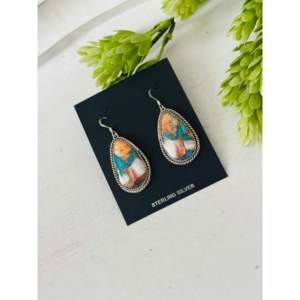 Navajo Handmade Mohave Turquoise & Sterling <b>Silver</b> Drop <b>Earrings</b> Water Drop Shape Pattern - Product Image 4